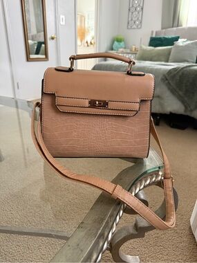 Tan Crocodile Print Embossed Shoulder Bag